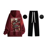 Fleece-Lined Set (Burgundy Fleece-Lined Sweatshirts+Black Fleece-Lined Casual Pants)