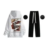 Fleece-Lined Set (White Heather Gray Fleece-Lined Sweatshirt+Black Fleece-Lined Casual Pants)