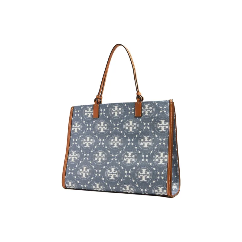 TORY BURCH T Monogram Jacquard With Leather Trim Tote Bag Shopping Bag Shoulder Bag Handbag Women's Denim Multicolor-1