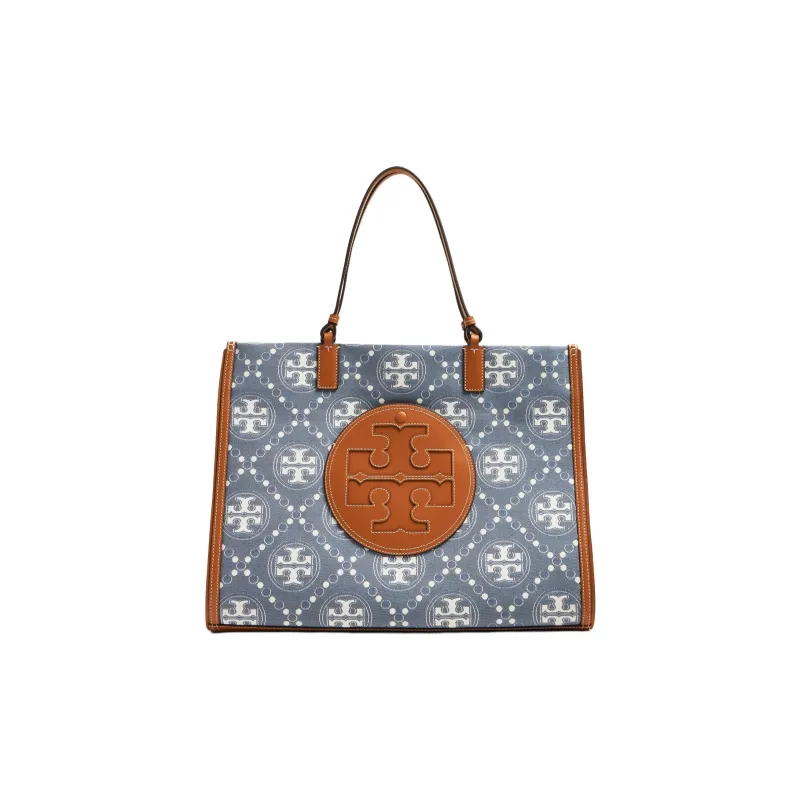 TORY BURCH T Monogram Jacquard With Leather Trim Tote Bag Shopping Bag Shoulder Bag Handbag Women's Denim Multicolor-0