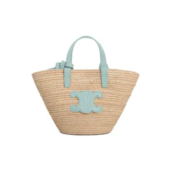 CELINE Raffia Shoulder Bag, Crossbody Bag, Handbag Women's Natural Color & Light Blue