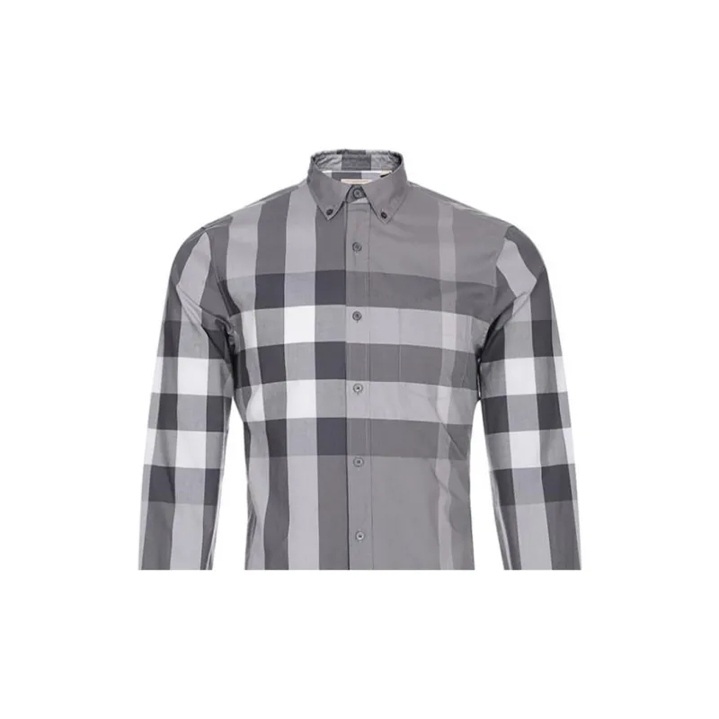 Burberry Check Print Single-Breasted Casual Long Sleeve Shirt Gray-7