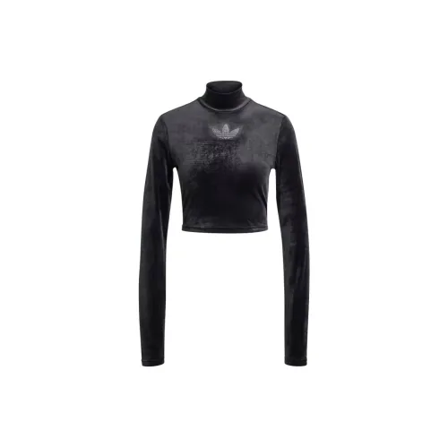 Adidas Originals Long Sleeve Rhinestone Trefoil Velvet Crop Top