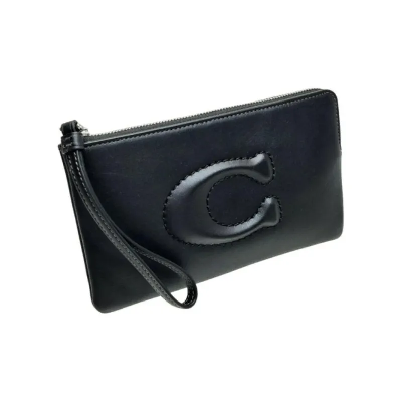 COACH Corner Zip Smooth Leather Clutch Large Size Women's Silver & Black-2