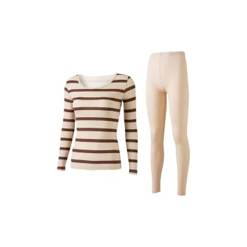 Top Melon Thermal Set Women's Light Beige Coffee Stripe
