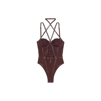 Victoria's Secret Very Sexy VS Logo Embroidery BalconetteFaux LeatherTrim/BB Bodysuits Women's Burgundy Brown