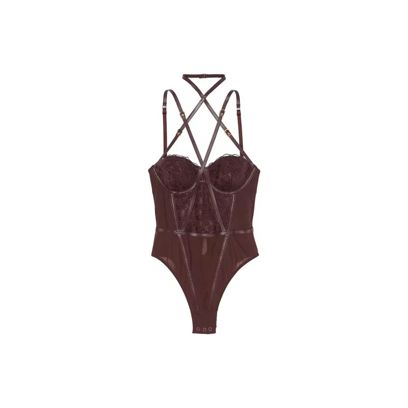 Victoria's Secret Very Sexy VS Logo Embroidery BalconetteFaux LeatherTrim/BB Bodysuits Women's Burgundy Brown-0