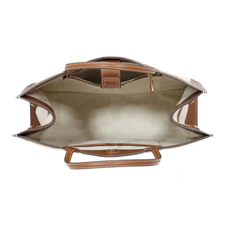 TORY BURCH Ella Canvas With Leather Tote Bag, Shopping Bag, Shoulder Bag, Handbag Tubas Women's Beige Brown-5