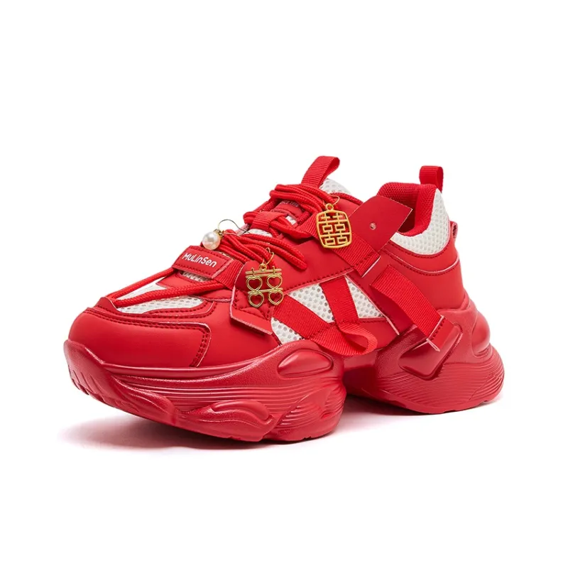 Mulinsen Slip Resistant, Abrasion Resistant, Lightweight Low Top Chunky Sneakers Women's Red-1