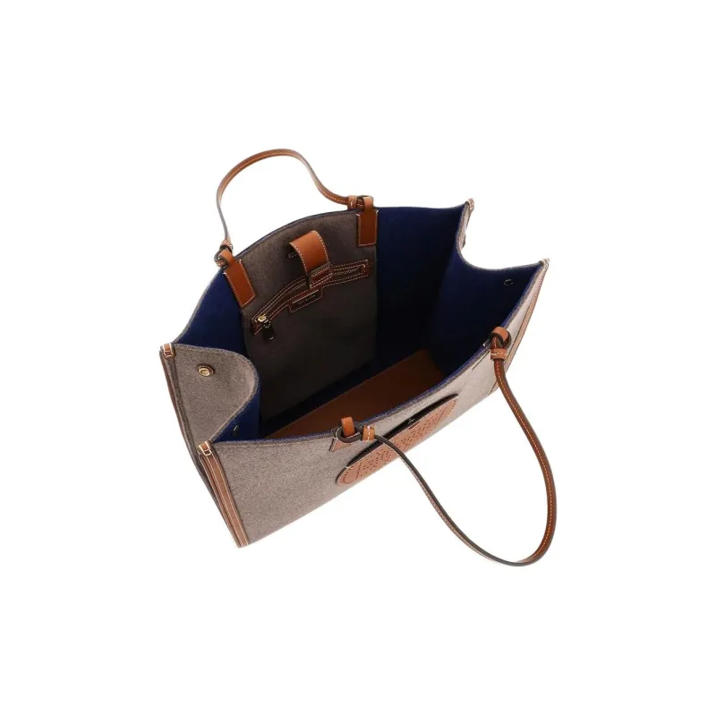 TORY BURCH Ella Velvet And Leather Trim Tote Bag Shopping Bag Shoulder Bag Handbag Women's Gray/Brown-3