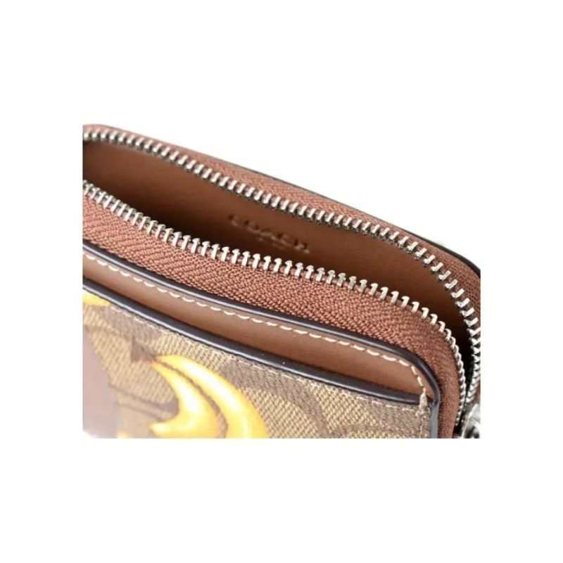 COACH Card Case Signature Coated Canvas Card Holder Mini Women's Silver & Khaki & Dark Color Saddle Brown-3