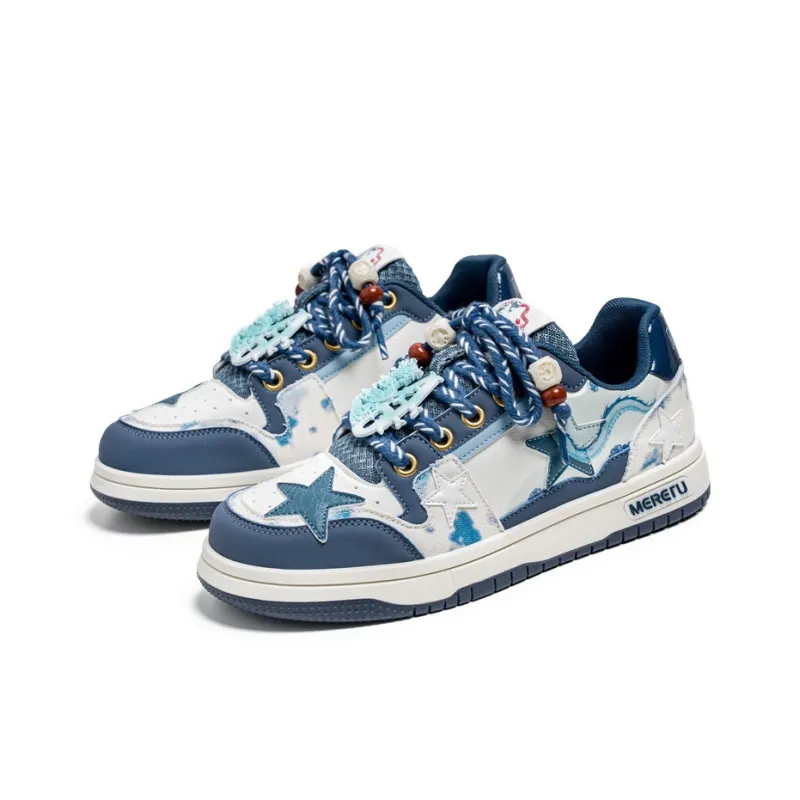 Meiretu Abrasion Resistant Balance Lightweight Low Top Skateboard Shoes Unisex Blue White-2