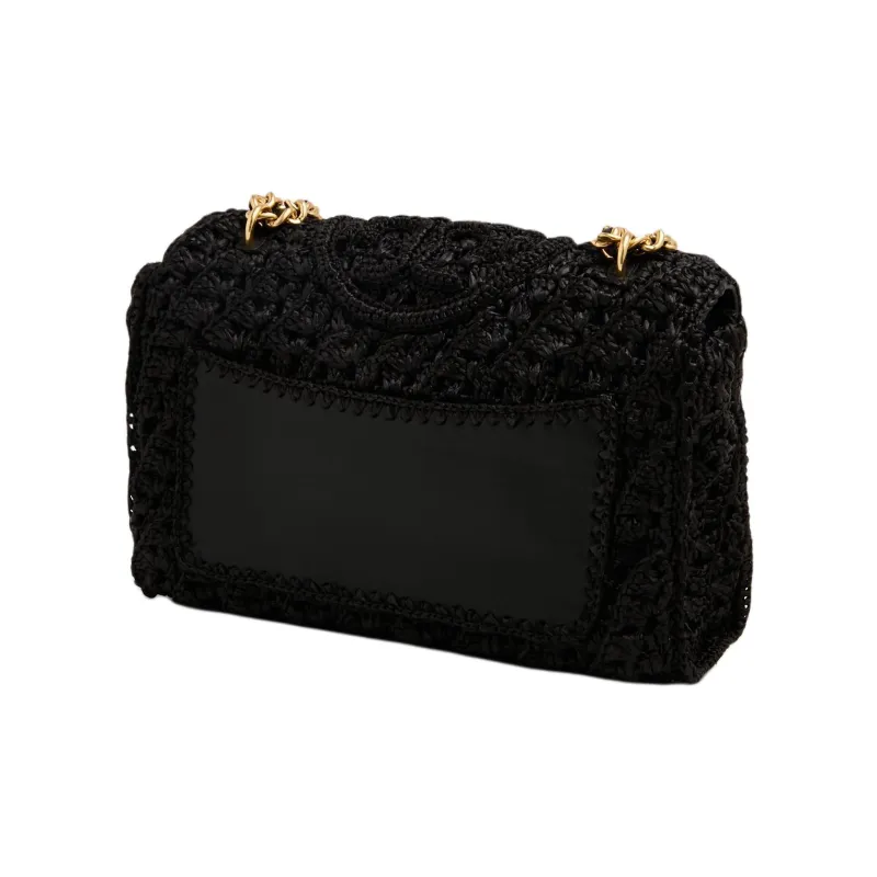 TORY BURCH Fleming Raffia With Leather Trim Handbag Shoulder Bag Women's Black-1