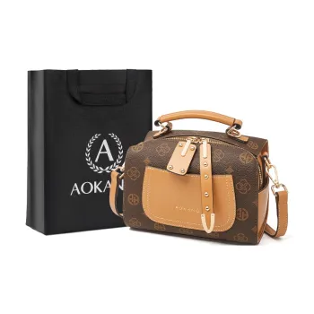 AOKANG PVC Boston Bag, One Shoulder Handbag Small Size Women's Coffee/Ecru