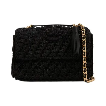 TORY BURCH Fleming Raffia With Leather Trim Handbag Shoulder Bag Women's Black