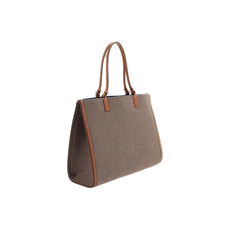 TORY BURCH Ella Velvet And Leather Trim Tote Bag Shopping Bag Shoulder Bag Handbag Women's Gray/Brown-2