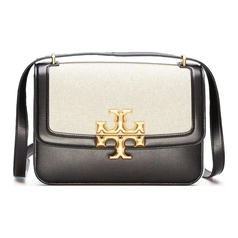 TORY BURCH Eleanor Cow Leather With Canvas Shoulder Bag, Crossbody Bag Small Size Women's Black-0