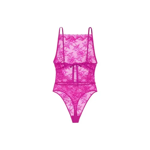 Victoria's Secret Rose Lace High-Neck Teddy / OUTRAGEOUS PINK Bodysuits Women's Stunning Pink