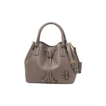 TORY BURCH Litchi Grain Leather Handbag Small Size Women's Silver Maple