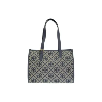 TORY BURCH T Monogram Jacquard Fabric With Leather Tote Bag Shopping Bag Shoulder Bags Handbags Small Size Women's Navy