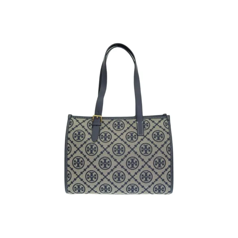 TORY BURCH T Monogram Jacquard Fabric With Leather Tote Bag Shopping Bag Shoulder Bags Handbags Small Size Women's Navy-0
