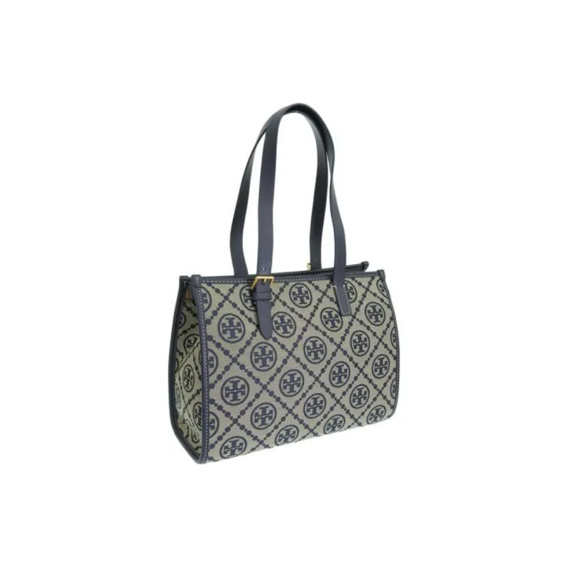 TORY BURCH T Monogram Jacquard Fabric With Leather Tote Bag Shopping Bag Shoulder Bags Handbags Small Size Women's Navy-1