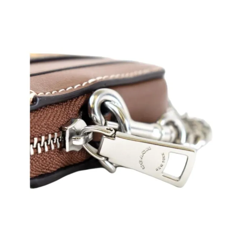 COACH Card Case Signature Coated Canvas Card Holder Mini Women's Silver & Khaki & Dark Color Saddle Brown-4