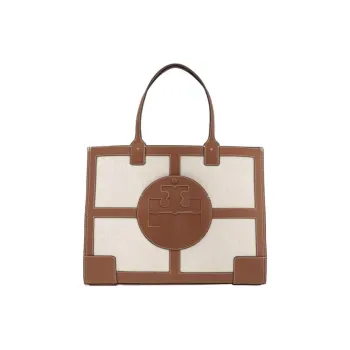 TORY BURCH Ella Canvas With Leather Tote Bag Shopping Bag Shoulder Bag Handbag Large Size Women's Beige Brown