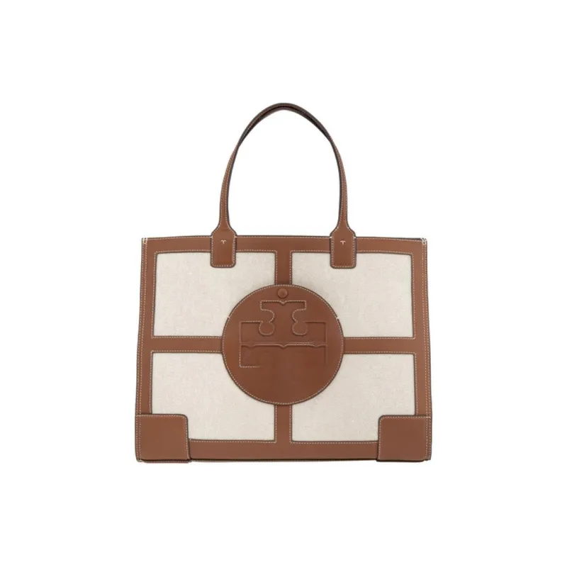 TORY BURCH Ella Canvas With Leather Tote Bag, Shopping Bag, Shoulder Bag, Handbag Tubas Women's Beige Brown-0