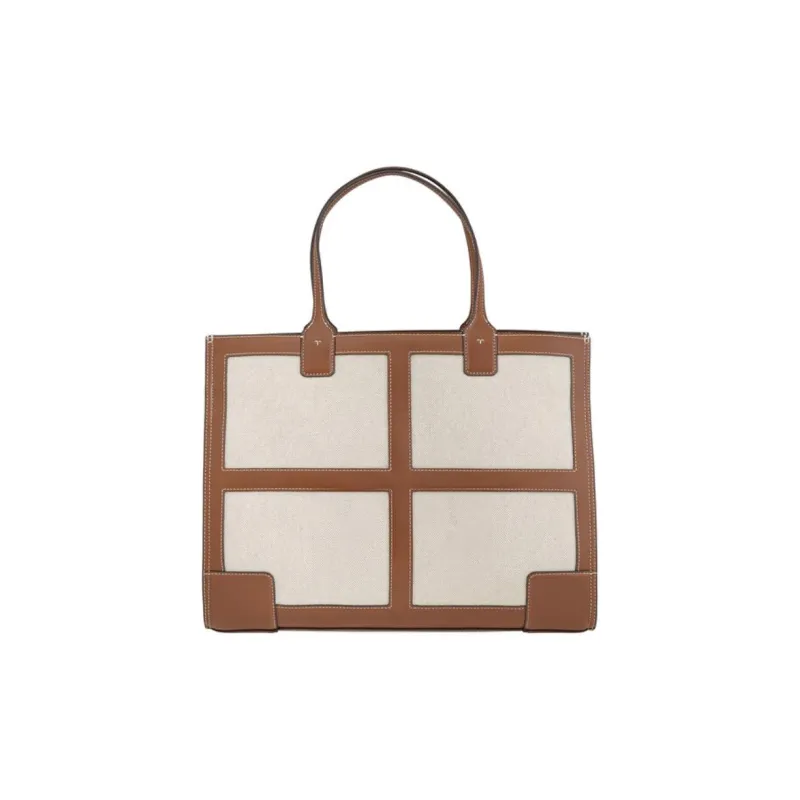 TORY BURCH Ella Canvas With Leather Tote Bag, Shopping Bag, Shoulder Bag, Handbag Tubas Women's Beige Brown-3