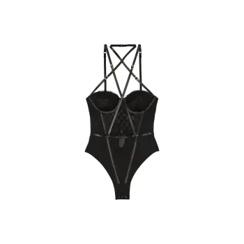 Victoria's Secret Very Sexy VS Logo Embroidery Balconette Faux Leather Trim/ Bodysuits Women's Black