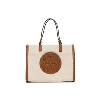 TORY BURCH Ella Canvas With Leather Tote Bag Shopping Bag Handbag Shoulder Bag Women's Classic Original Brown