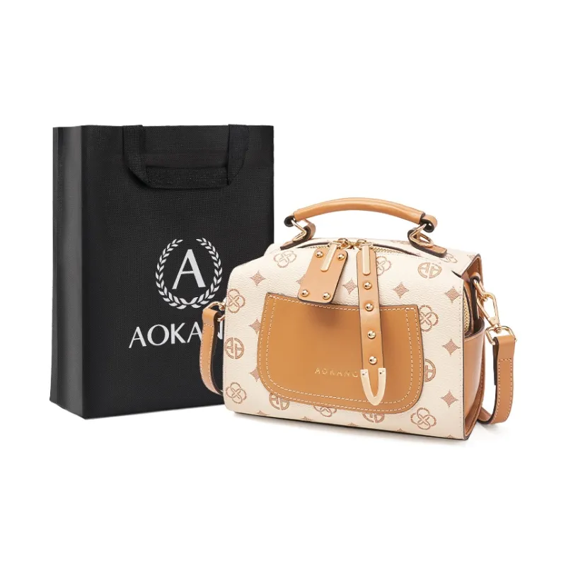 AOKANG PVC Boston Bag, One Shoulder Handbag Small Size Women's Coffee/Ecru-5