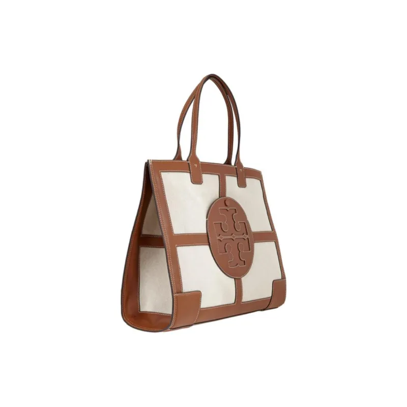 TORY BURCH Ella Canvas With Leather Tote Bag, Shopping Bag, Shoulder Bag, Handbag Tubas Women's Beige Brown-2