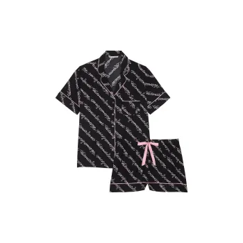 Victoria's Secret Flannel Short Pajama Set / BLACK RIBBON SCRIPT Pajama Set Women's Black