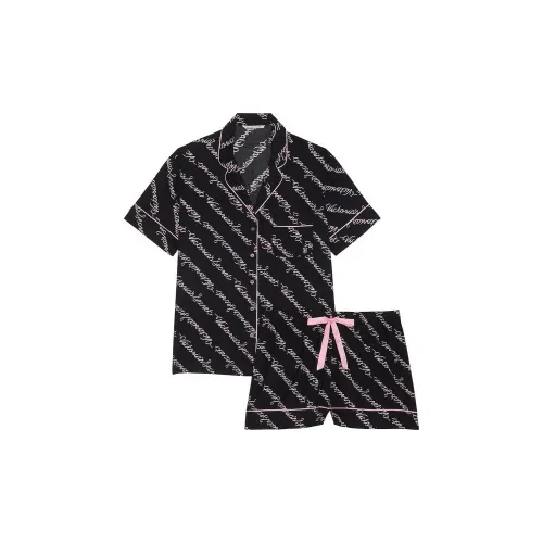Victoria's Secret Flannel Short Pajama Set / BLACK RIBBON SCRIPT Pajama Set Women's Black