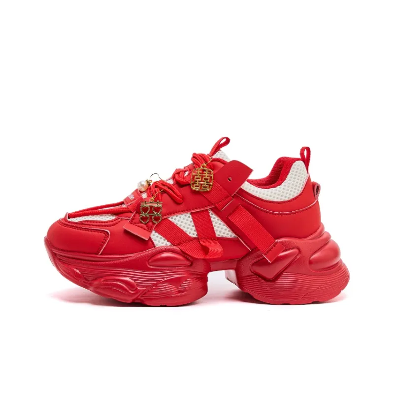 Mulinsen Slip Resistant, Abrasion Resistant, Lightweight Low Top Chunky Sneakers Women's Red-0