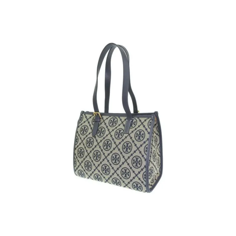 TORY BURCH T Monogram Jacquard Fabric With Leather Tote Bag Shopping Bag Shoulder Bags Handbags Small Size Women's Navy-2