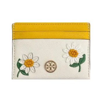TORY BURCH Robinson Textured Leather Card Holder Women's White & Yellow