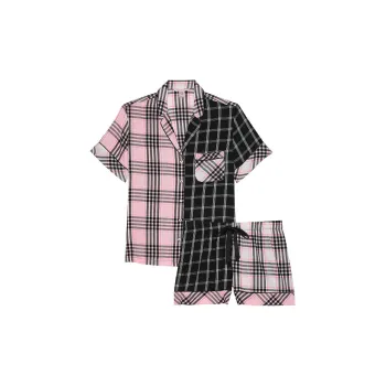 Victoria's Secret Flannel Short Pajama Set / Pink & Black Plaid Pajama Set Women's Black Pink