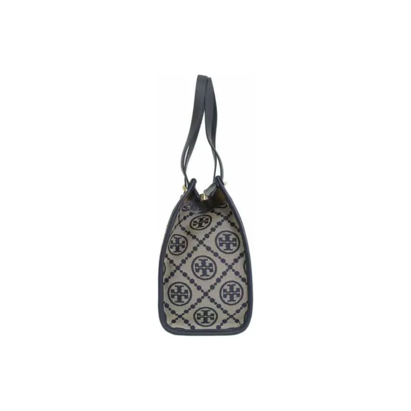TORY BURCH T Monogram Jacquard Fabric With Leather Tote Bag Shopping Bag Shoulder Bags Handbags Small Size Women's Navy-3