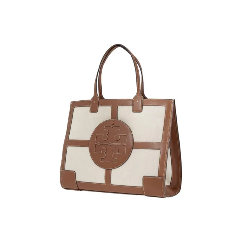 TORY BURCH Ella Canvas With Leather Tote Bag, Shopping Bag, Shoulder Bag, Handbag Tubas Women's Beige Brown-1