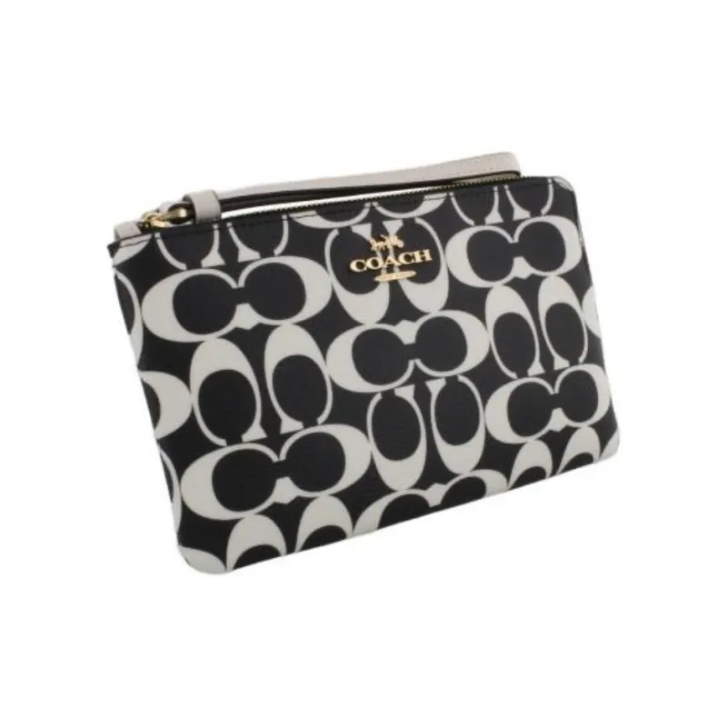 COACH Corner ZipWristlet Coated Canvas With Smooth Leather Wrist Bag Mahjong Clutch Small Size Women's Black-3