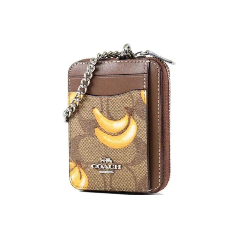 COACH Card Case Signature Coated Canvas Card Holder Mini Women's Silver & Khaki & Dark Color Saddle Brown-2