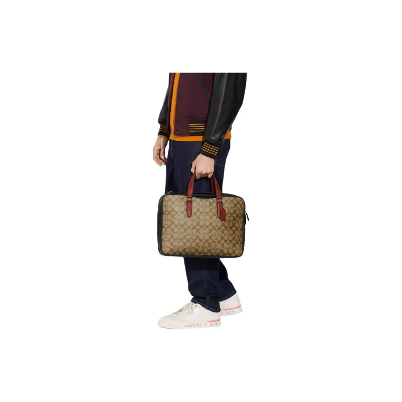 COACH Graham Canvas With Leather Laptop Bag Crossbody Bag Briefcase Large Size Men's Khaki & Orange-4