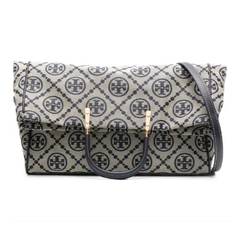 TORY BURCH T Monogram Fabric With Leather Trim Tote Bag, Shopping Bag, Handbag Women's Marine Blue