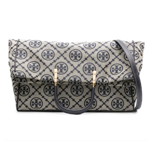 TORY BURCH T Monogram Fabric With Leather Trim Tote Bag, Shopping Bag, Handbag Women's Marine Blue