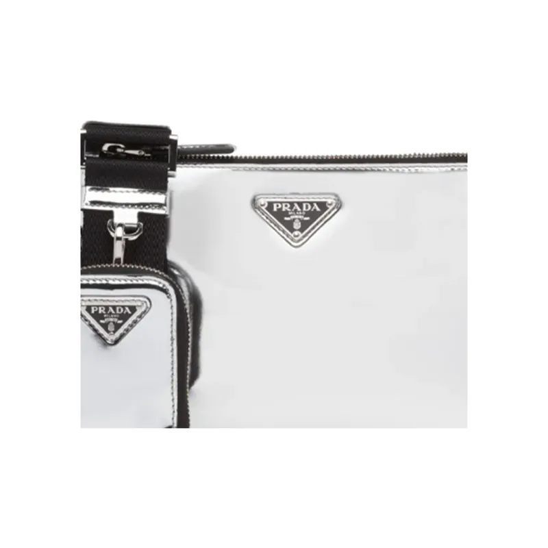 PRADA Shiny Leather Shoulder Bag Crossbody Bag Men's Mirror Finish Silver-3