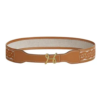 HERMES Calfskin Canvas Gold-Plated Metal Leather Belts Women's Brown Width 2.4CM