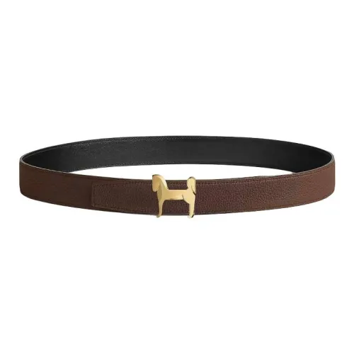 hermes foulard Stainless Steel, Calfskin, Brass Leather telas Men's Brown Width 3.2CM